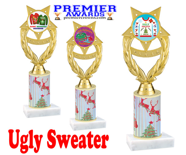 Ugly Sweater theme trophy. Choice of art work.  Multiple trophy heights available.  ph97