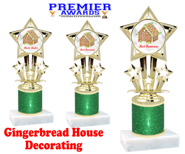 Gingerbread House theme trophy. Green Glitter Column.  Great for your Holiday events, contests and parties