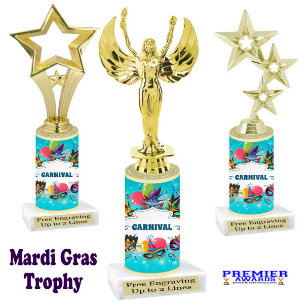 Mardi Gras Theme trophy.  Numerous figures available. Great trophy for your pageants, events, contests and more!   21-009