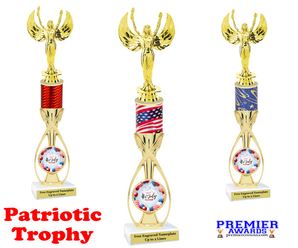 Patriotic theme trophy.  14" tall Great trophy for all of your patriotic themed events!  (7513