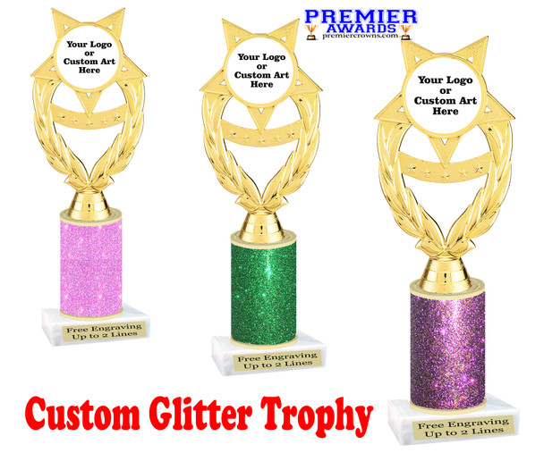 Custom glitter trophy.  Add your logo or art work for a unique award!  Numerous glitter colors and heights available - ph97