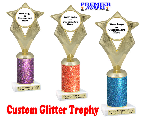 Custom glitter trophy.  Add your logo or art work for a unique award!  Numerous glitter colors and heights available - 5086g Custom glitter trophy.  Add your logo or art work for a unique award!  Numerous glitter colors and heights available - 5086g