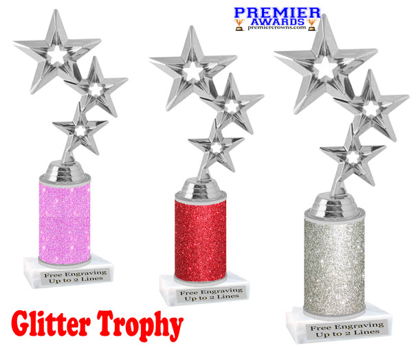 Glitter trophy with silver stars.  Numerous trophy heights available - silver stars