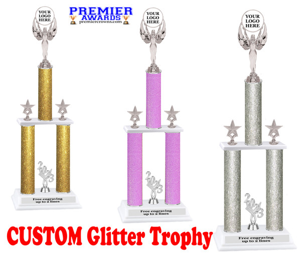 Glitter column trophy with silver custom insert holder and trim.  Comes as shown with choice of height