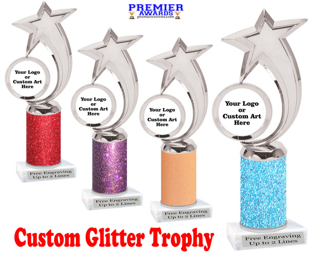 Custom glitter trophy.  Add your logo or art work for a unique award!  Numerous glitter colors and heights available - 6061s