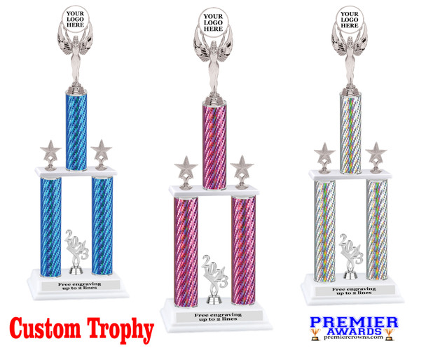 Custom  2 Column Trophy - Available in multiple heights and column colors.  Upload your logo.  Silver trim and figure.