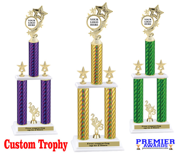 Custom  2 Column Trophy - Available in multiple heights and column colors.  Upload your logo.  Gold trim and figure.  f649