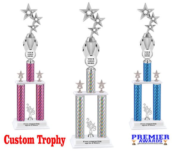 Custom  2 Column Trophy - Available in multiple heights and column colors.  Height starts at 18 inches. Upload your logo.  Silver trim and figure.  42655s