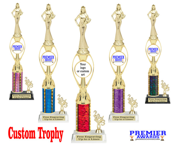 Custom trophy.  Add you logo or custom art work for a unique award.  Trophy heights starts at 14" tall