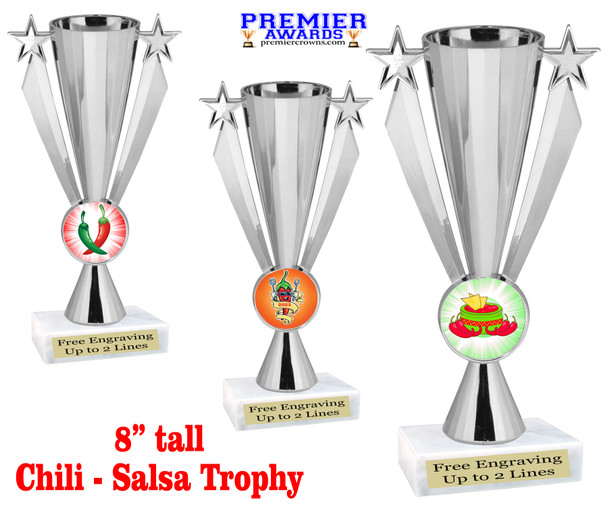 Chili themed trophy - great for your chili contests, BBQ competitions and more.  8" tall silver cup