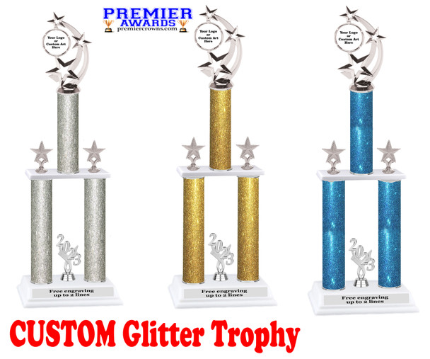 Glitter column trophy with silver custom insert holder and trim.  Comes as shown with choice of height 663s