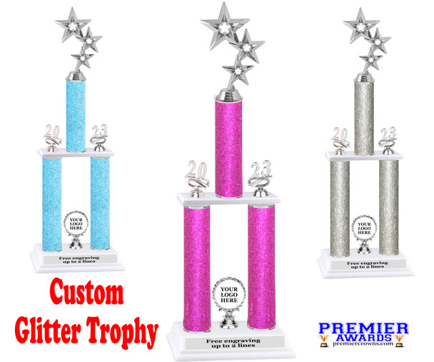  Glitter column trophy with silver custom insert holder and trim.  Comes as shown with choice of height - 3 silver stars