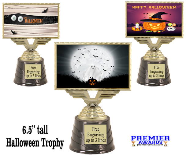 6.5" tall  Halloween  theme trophy.  Choice of art work.  9 designs available.  676