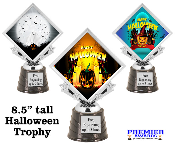 8.5" tall  Halloween  theme trophy.  Choice of art work.  9 designs available.  5095s