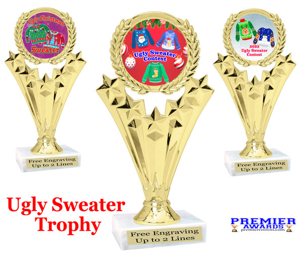 Ugly Christmas Sweater Trophy.   6.5 " tall.  Includes free engraving.   A Premier exclusive design!  H501