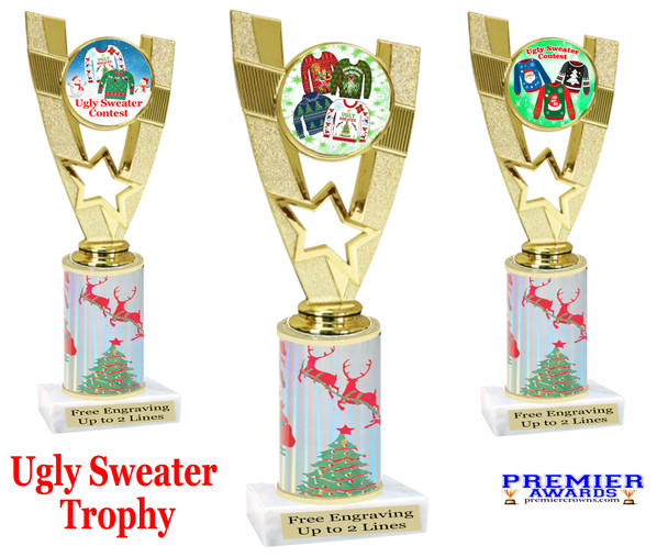 Ugly Sweater theme trophy. Choice of art work.  Multiple trophy heights available.  90786