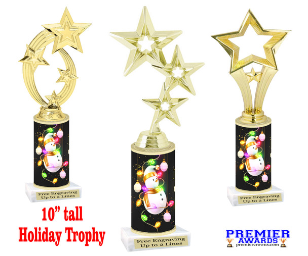 Snowman theme trophy. Choice of figure.  10" tall - Great for all of your holiday events and contests.  1