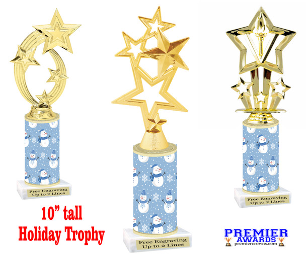 Snowman theme trophy. Choice of figure.  10" tall - Great for all of your holiday events and contests. 3