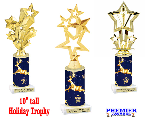 Reindeer theme trophy. Choice of figure.  10" tall - Great for all of your holiday events and contests. 1