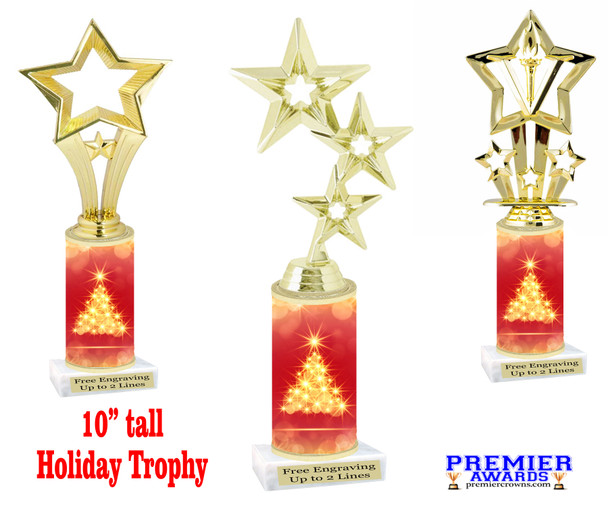 Holiday Tree theme trophy. Choice of figure.  10" tall - Great for all of your holiday events and contests. 2