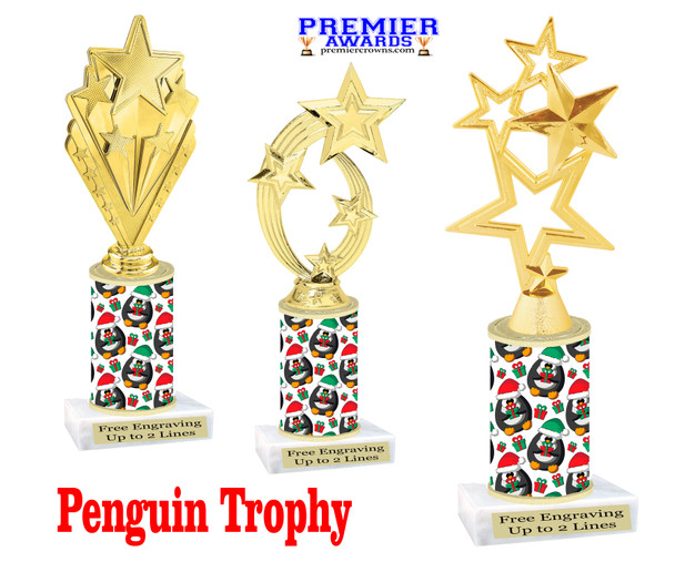 Penguin theme trophy. Choice of figure.  10" tall - Great for all of your holiday events and contests.  sub 1