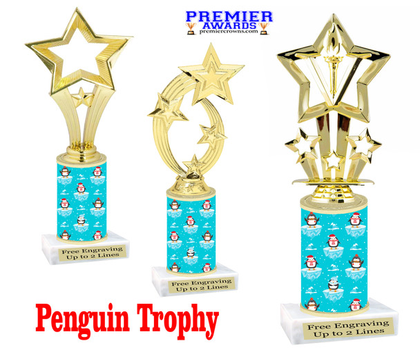 Penguin theme trophy. Choice of figure.  10" tall - Great for all of your holiday events and contests.  sub 2