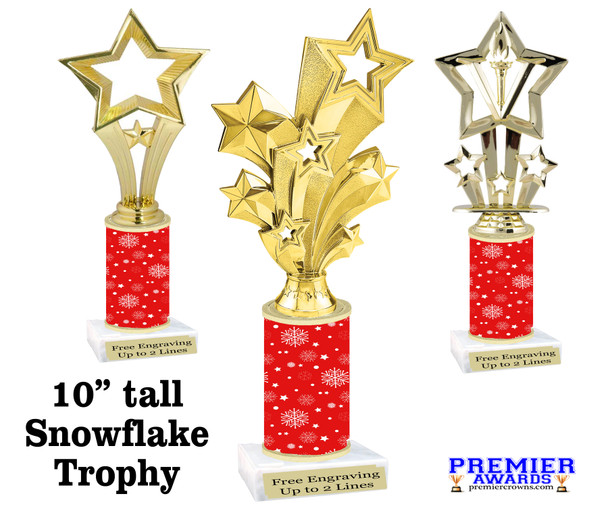 Snowflake theme trophy. Choice of figure.  10" tall - Great for all of your holiday events and contests.  sub 13