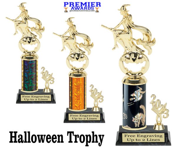 Halloween theme trophy with CURRENT year.  Choice of column and trophy height.  9 designs available.  Witch