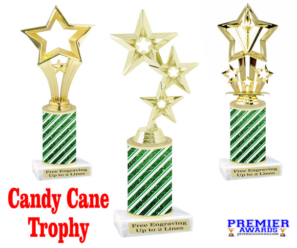 Candy Cane theme trophy. Choice of figure.   Great for all of your holiday events and contests. sub 2