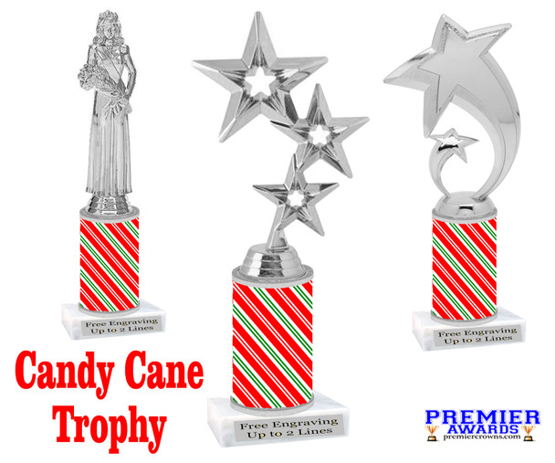 Candy Cane theme trophy. Choice of figure.   Great for all of your holiday events and contests. sub 5