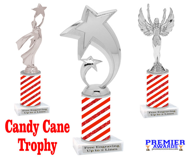 Candy Cane theme trophy. Choice of figure.   Great for all of your holiday events and contests. sub 8