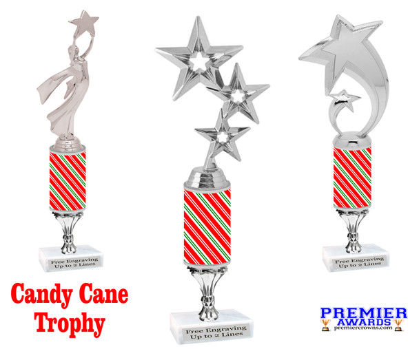 Candy Cane theme trophy. Choice of figure.   Great for all of your holiday events and contests.  12" tall. Design 1