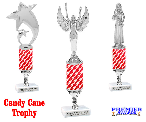 Candy Cane theme trophy. Choice of figure.   Great for all of your holiday events and contests.  12" tall. Design 2