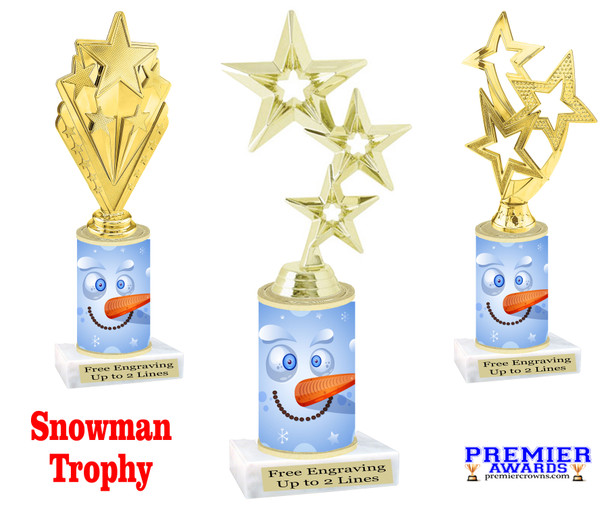 Snowman theme trophy. Choice of figure.  10" tall - Great for all of your holiday events and contests. 6