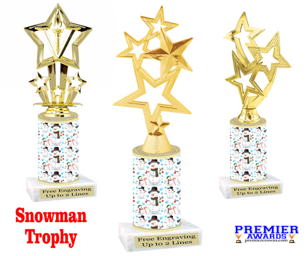 Snowman theme trophy. Choice of figure.  10" tall - Great for all of your holiday events and contests. 7