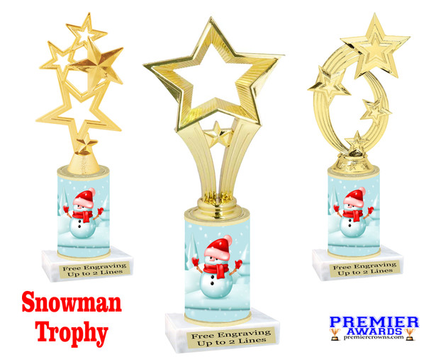 Snowman theme trophy. Choice of figure.  10" tall - Great for all of your holiday events and contests. 8