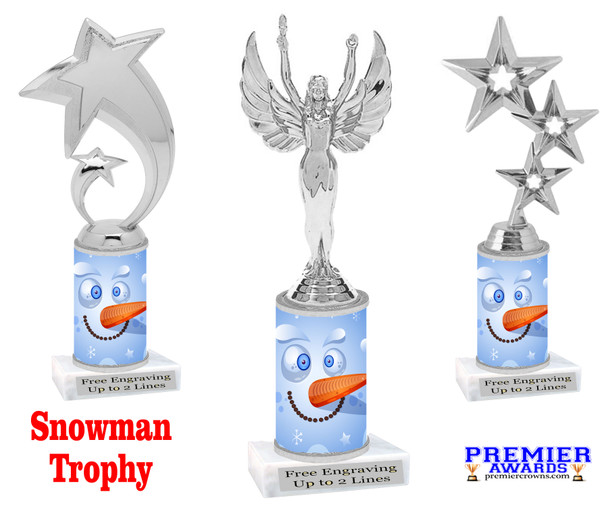 Snowman theme trophy. Choice of figure.  10" tall - Great for all of your holiday events and contests. Silver 4