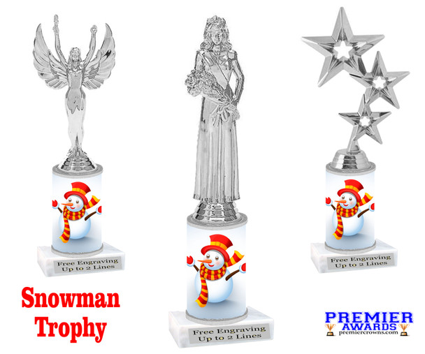 Snowman theme trophy. Choice of figure.  10" tall - Great for all of your holiday events and contests. Silver 5