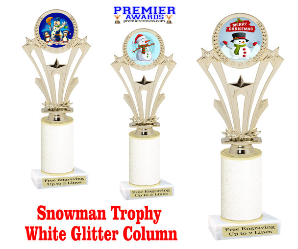 Snowman theme trophy. White Glitter column. Choice of artwork.   Great for all of your holiday events and contests. h416