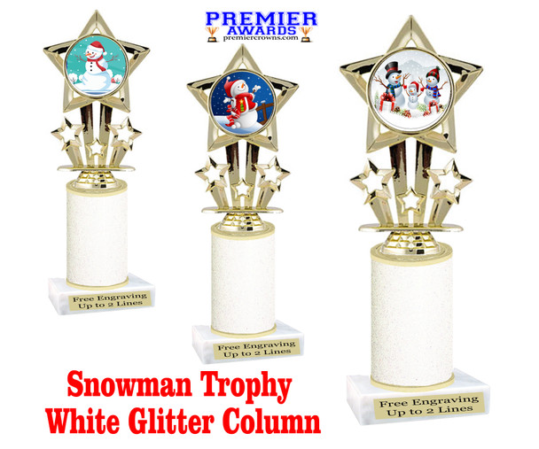 Snowman theme trophy. White Glitter column. Choice of artwork.   Great for all of your holiday events and contests. 767