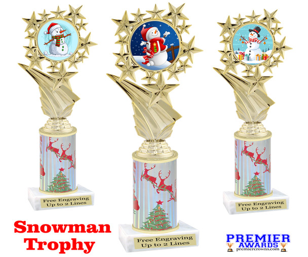 Snowman theme trophy. Christmas column. Choice of artwork.   Great for all of your holiday events and contests. 696