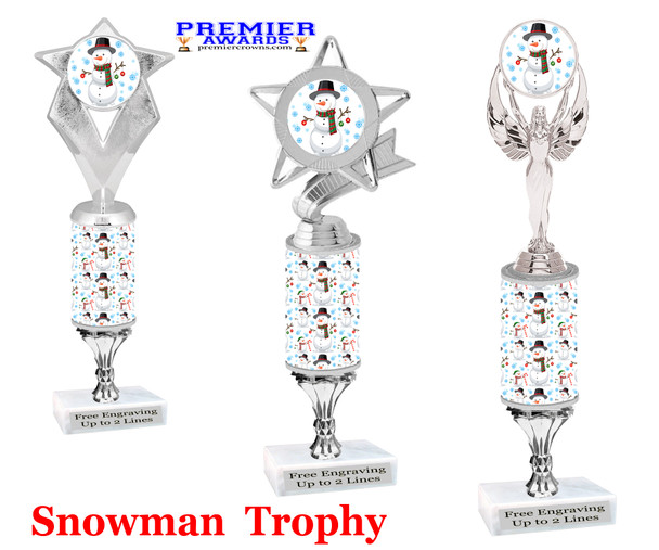 Snowman theme trophy. Choice of figure.  12" tall - Great for all of your holiday events and contests. silver stem 2