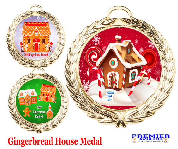 Gingerbread House Medal.  Choice of 9 designs.  Includes free engraving and neck ribbon  (md52ag