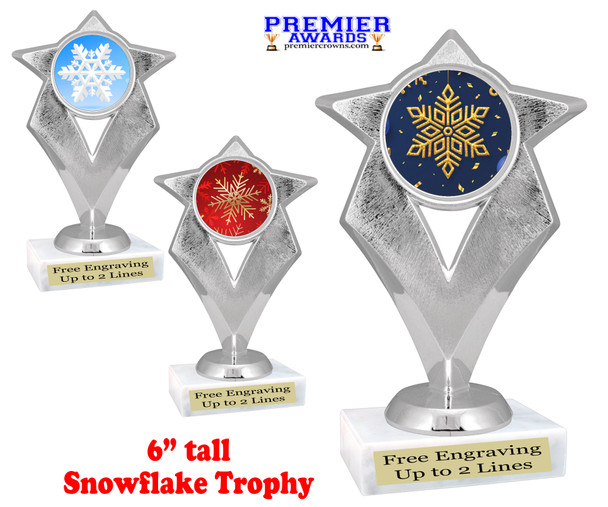Snowflake theme trophy.  6" tall with choice of snowflake.  Great for your Winter themed events! 5086s