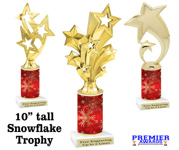 Snowflake theme trophy. Choice of figure.  10" tall - Great for all of your holiday events and contests.  sub 17