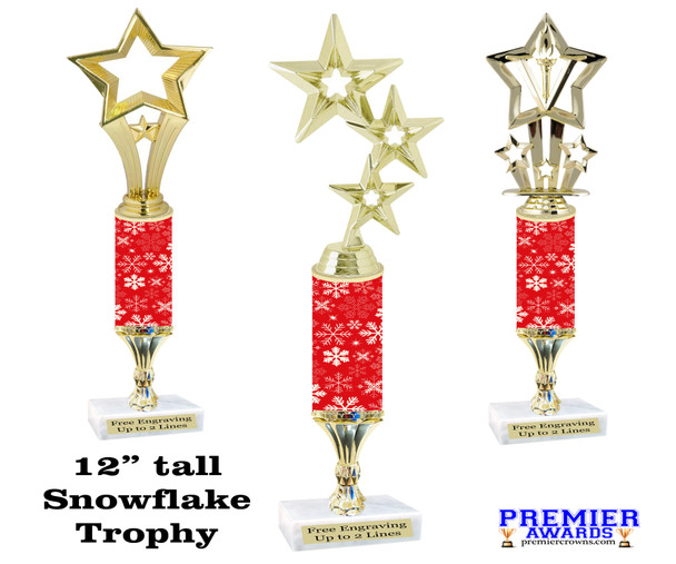 Snowflake theme trophy. Choice of figure.  12" tall - Great for all of your holiday events and contests.  sub 3