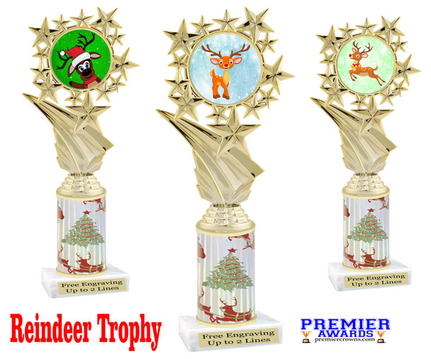 Reindeer theme trophy. Christmas column. Choice of artwork.   Great for all of your holiday events and contests. 696