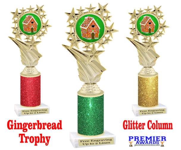 Gingerbread House theme trophy. Glitter Column.  Great for your Holiday events, contests and parties - f696-2