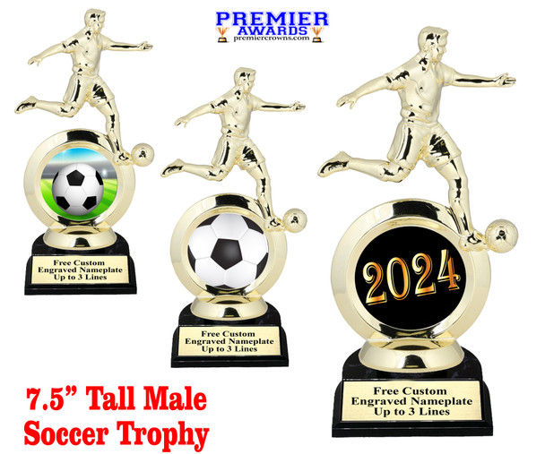 Soccer trophy.  Soccer figure with choice of soccer design.  Black horseshoe shape base.  5715