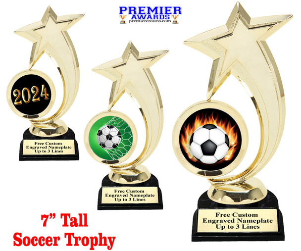 Soccer trophy.  Soccer figure with choice of soccer design.  Black horseshoe shape base.  6061g